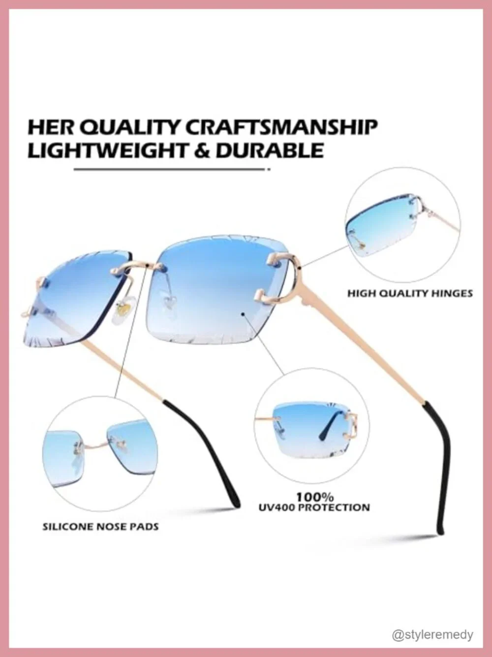 Rimless Rectangle Square Sunglasses Frameless Diamond Cutting Eyewear